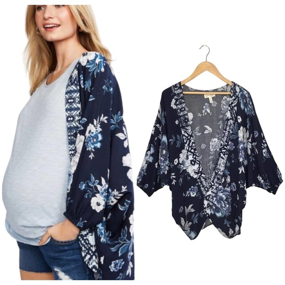 Jessica Simpson Maternity OS Floral Open Drape Front Dolman Sleeve Boho Top Blue - Picture 1 of 11